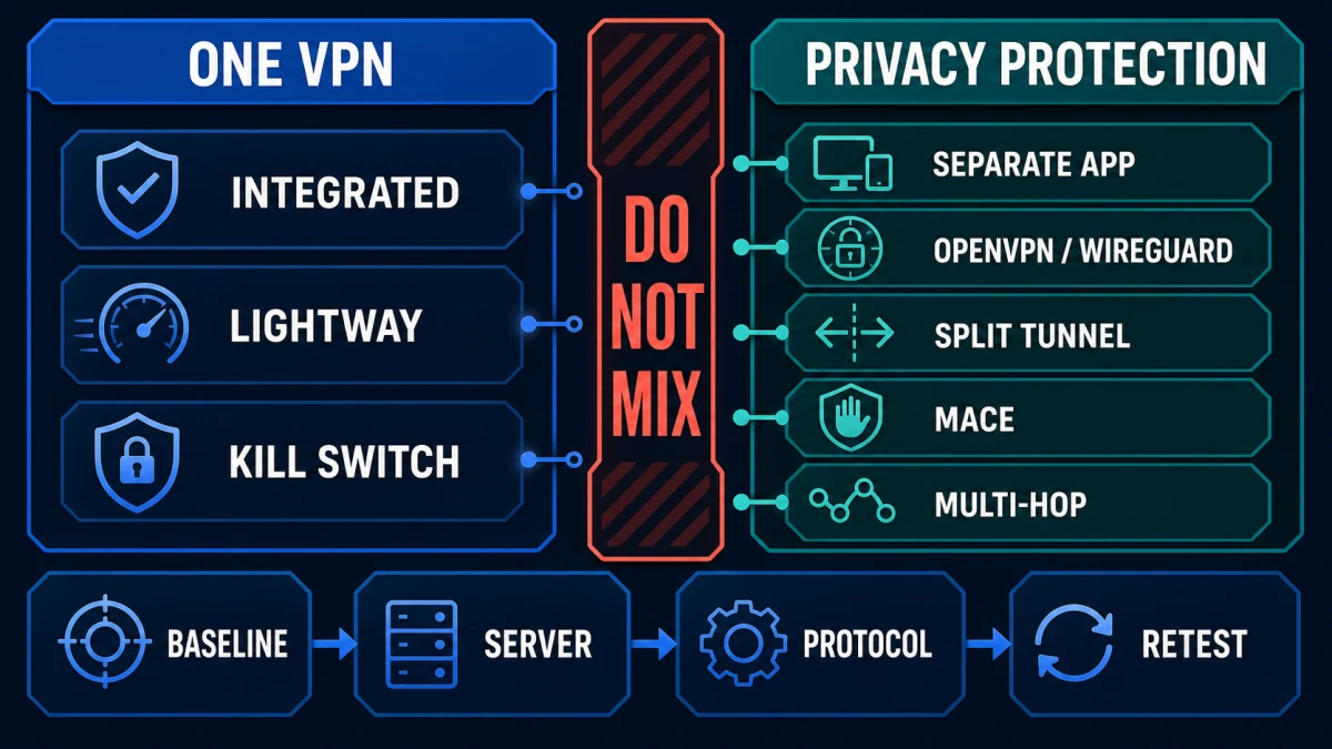 Selected ONE VPN and separate Privacy Protection features divided into distinct protocol and troubleshooting branches