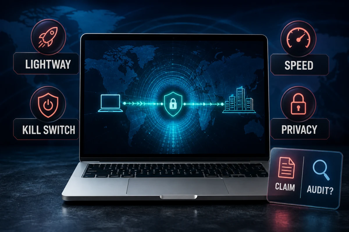 Intego VPN review criteria for Lightway, kill switch, speed and privacy claim versus independent audit evidence