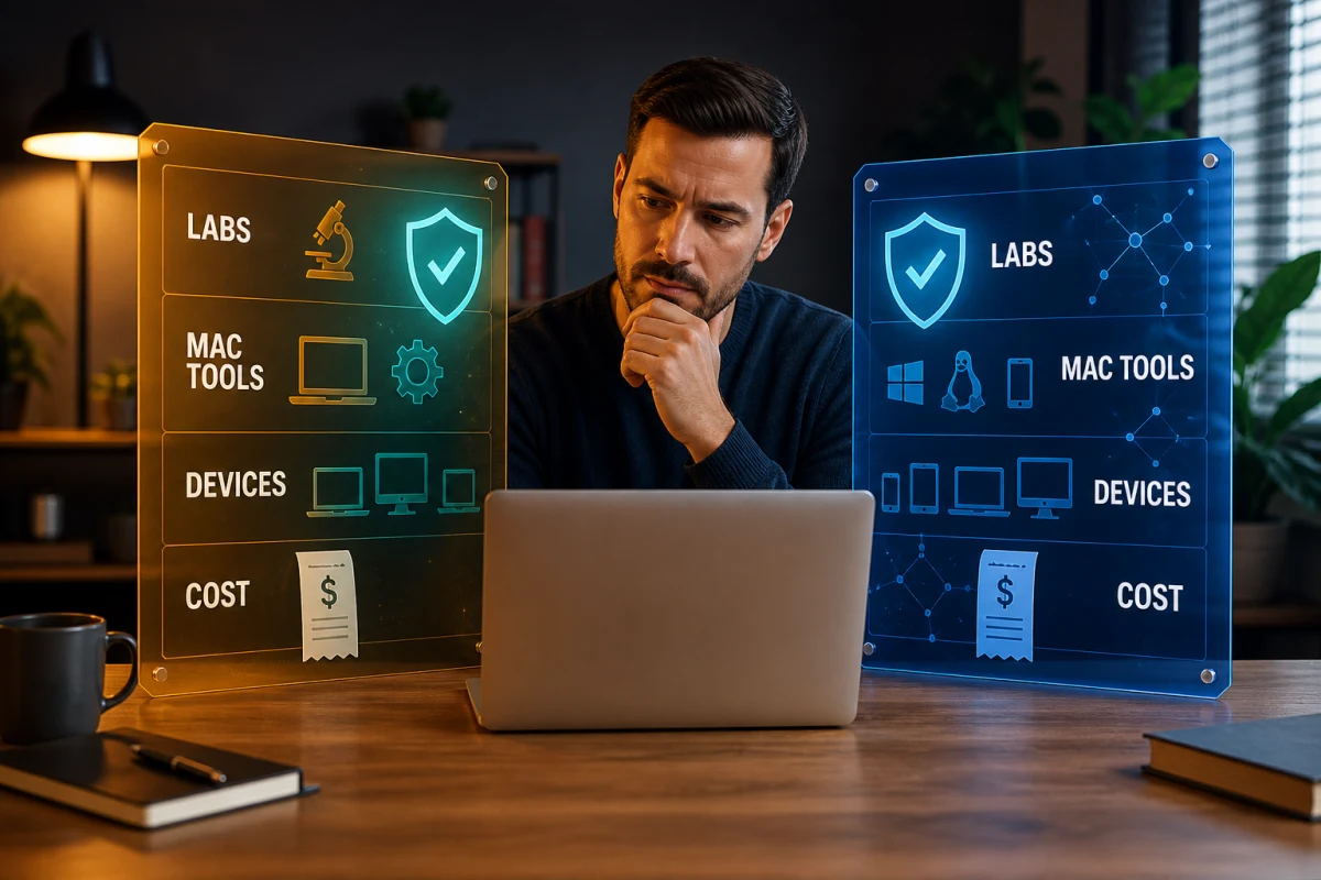 Mac owner comparing Intego and Bitdefender by lab evidence Mac tools device coverage and cost