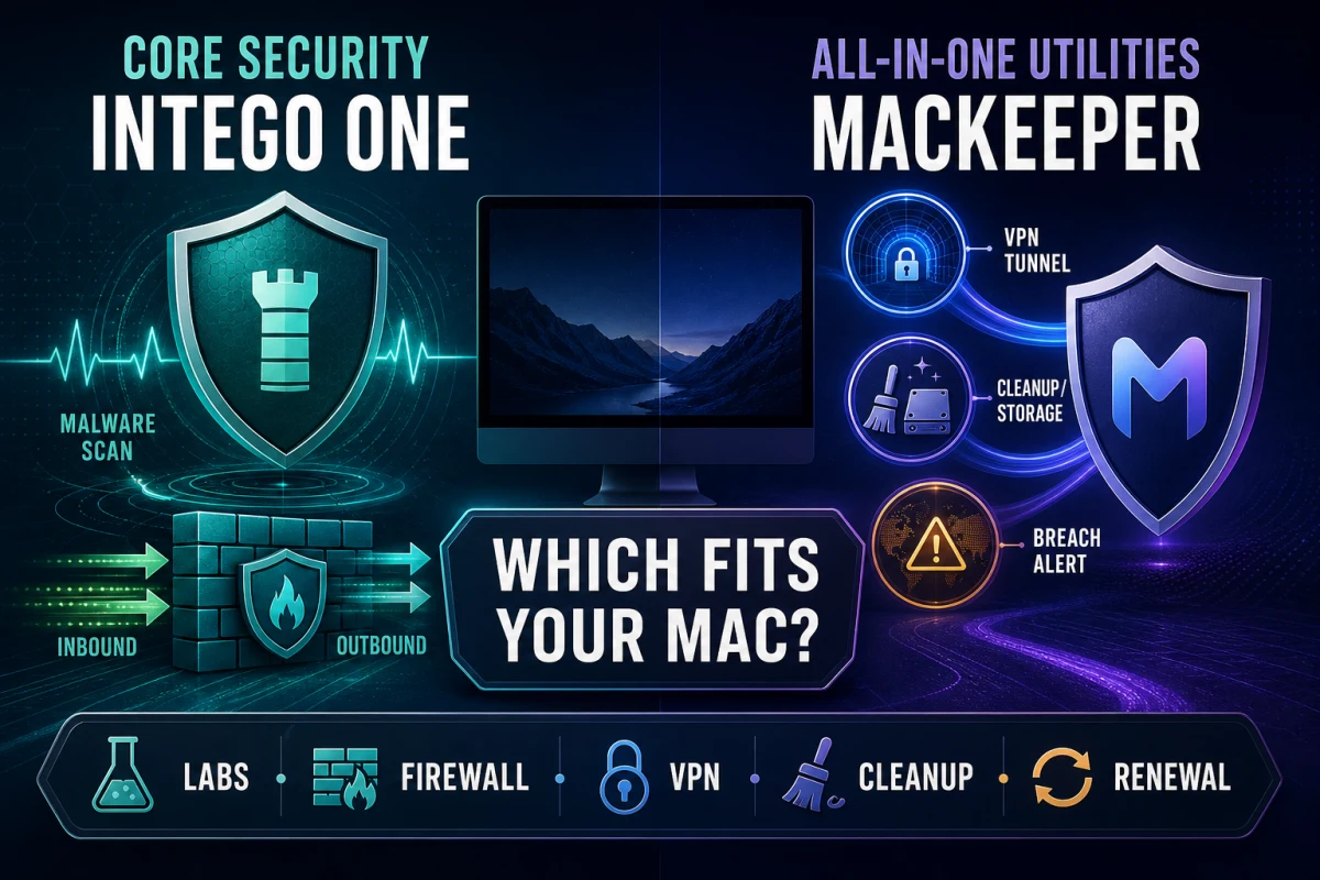 Intego ONE and MacKeeper comparison between core Mac security firewall VPN cleanup and renewal evidence
