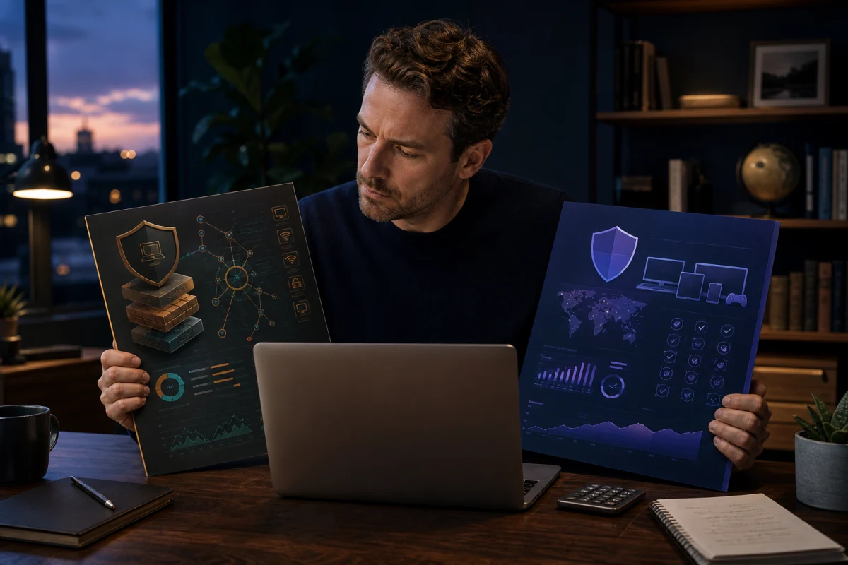 Mac owner comparing two antivirus choices by protection evidence firewall controls devices and renewal cost