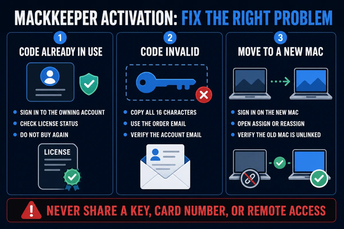 MacKeeper activation decision map for already-used codes, invalid codes and moving a license to a new Mac