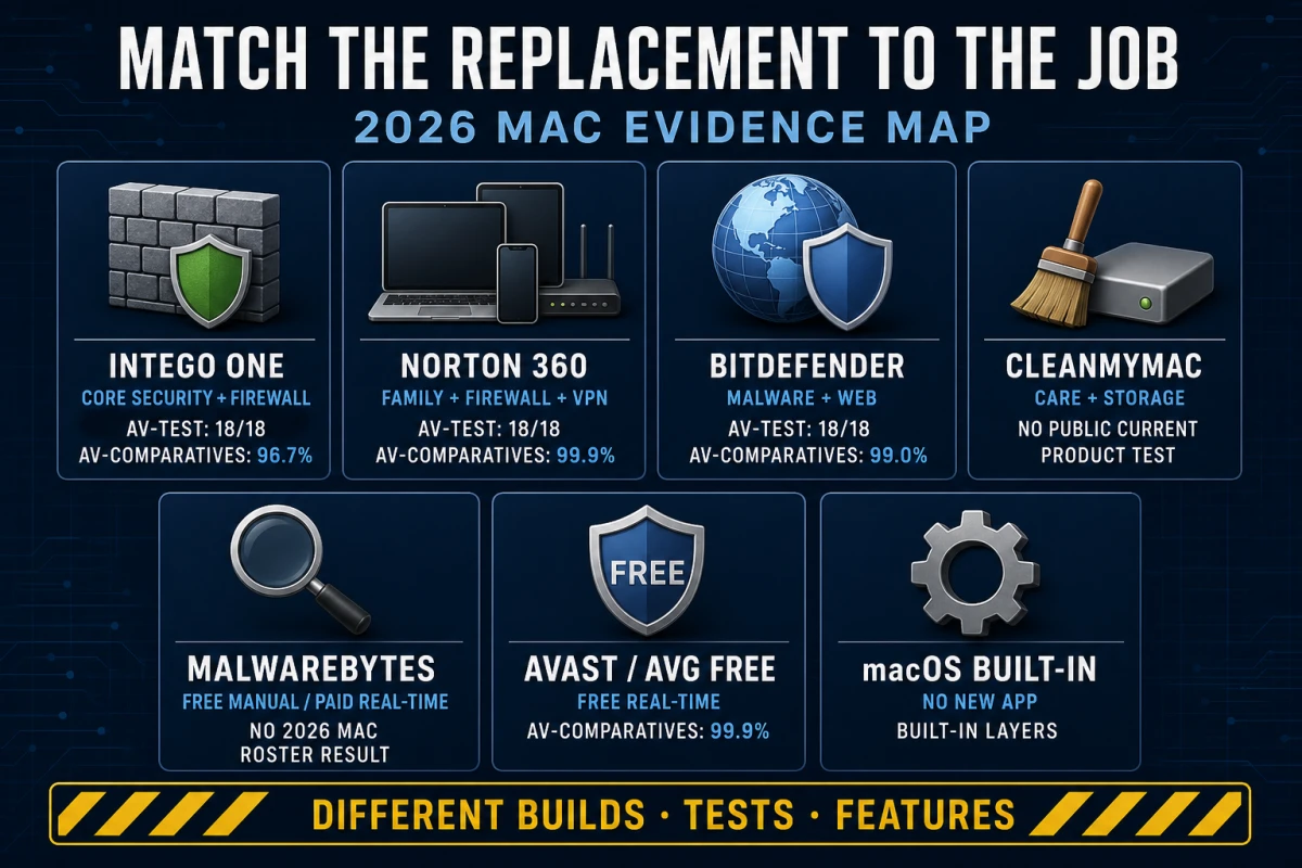 MacKeeper alternatives evidence map comparing Intego Norton Bitdefender CleanMyMac Malwarebytes Avast AVG and macOS built-in tools