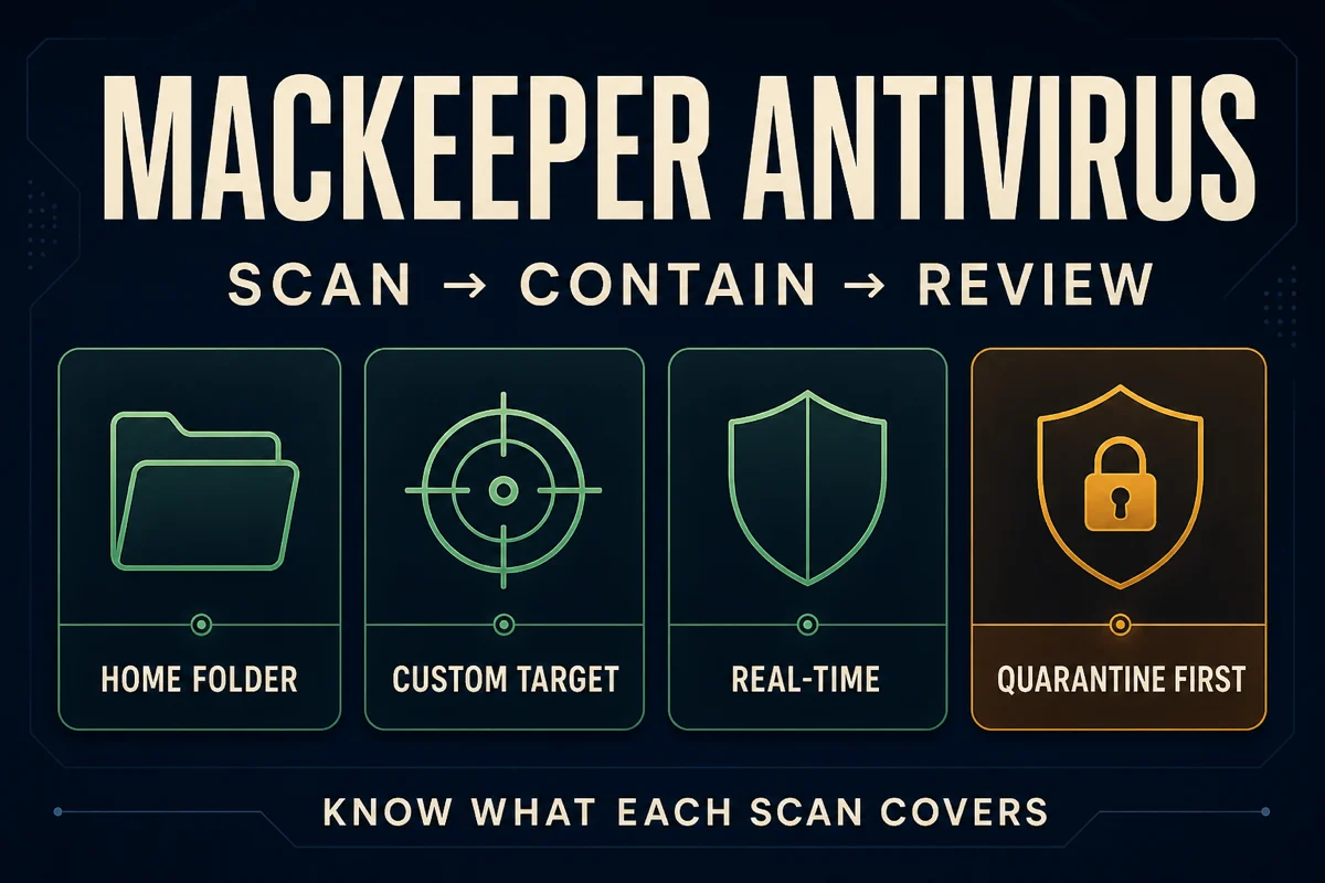MacKeeper Antivirus Home folder, Custom Scan and real-time routes leading to quarantine-first review