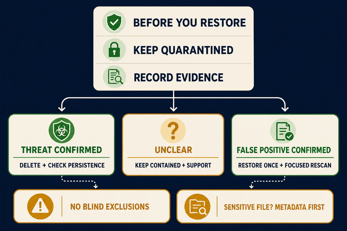 MacKeeper quarantine decision map for confirmed threat, unclear detection and confirmed false positive before restore