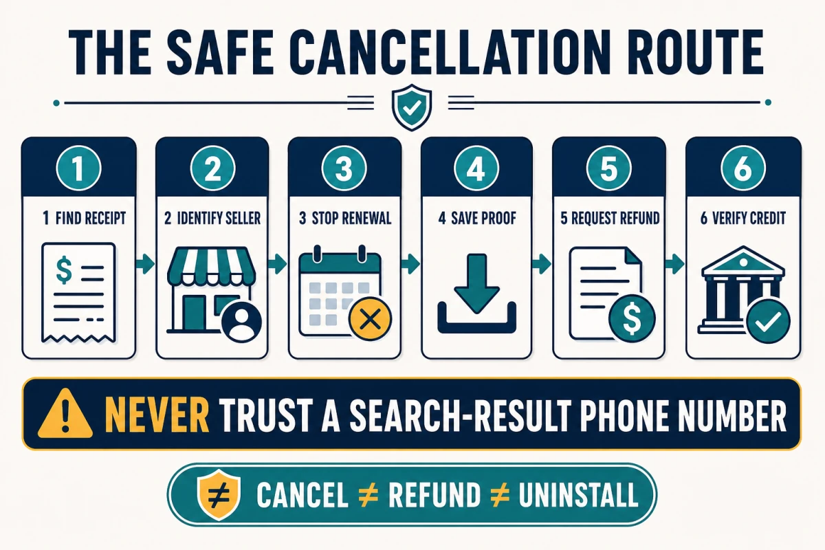 Safe MacKeeper cancellation route from receipt and seller identification through renewal stop refund request and verified credit
