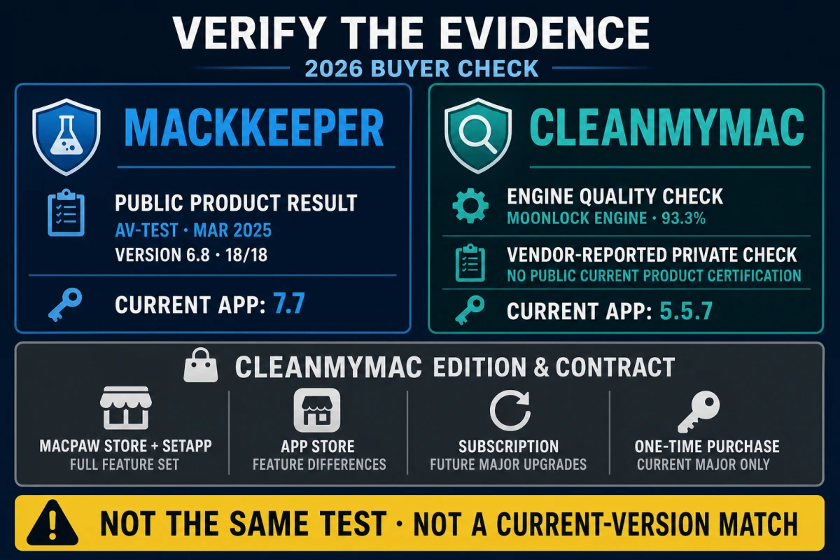 MacKeeper public AV-TEST result and CleanMyMac Moonlock private quality check with edition and license boundaries