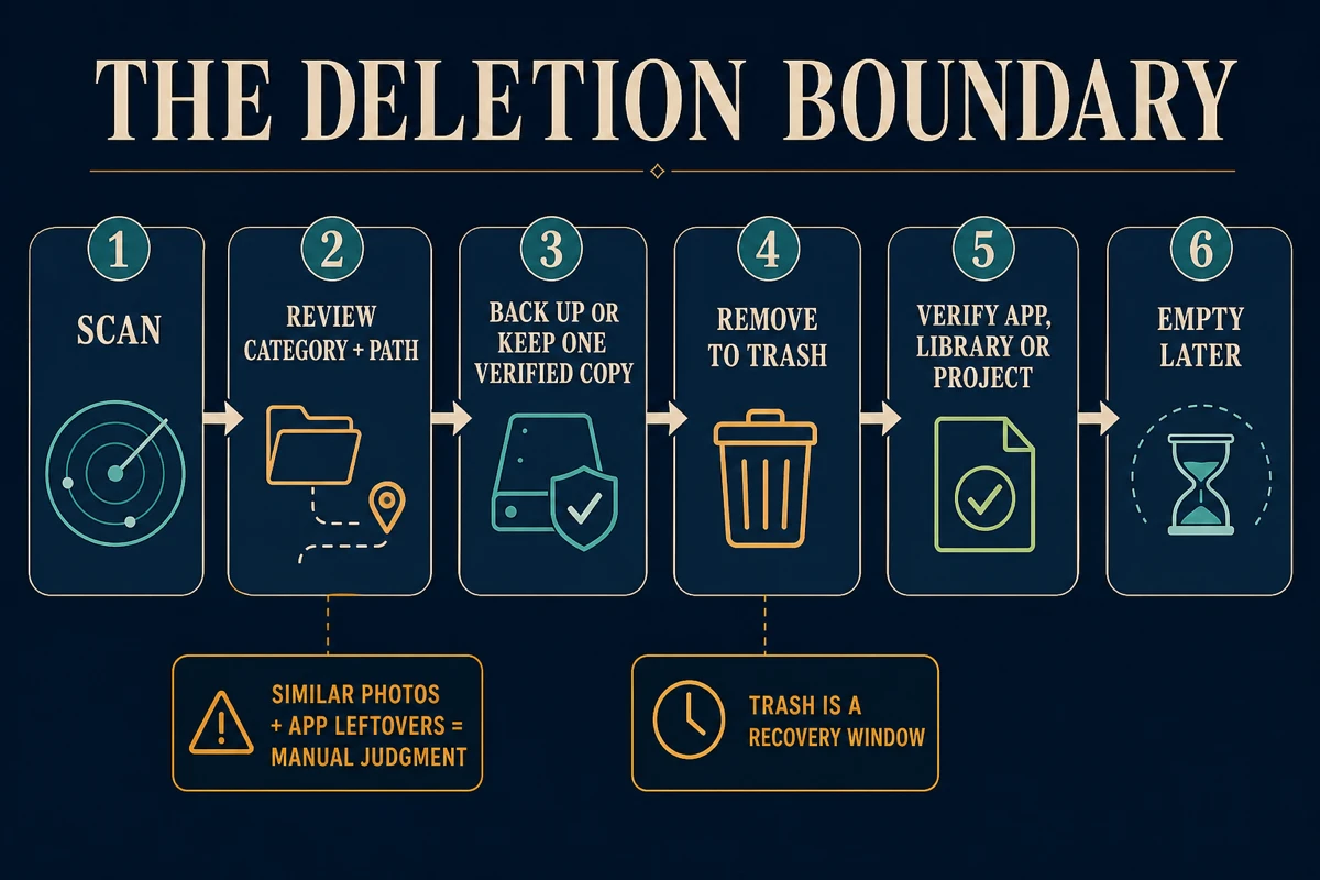 Six-step Mac cleanup deletion boundary from scan and path review through backup, Trash, verification and delayed emptying