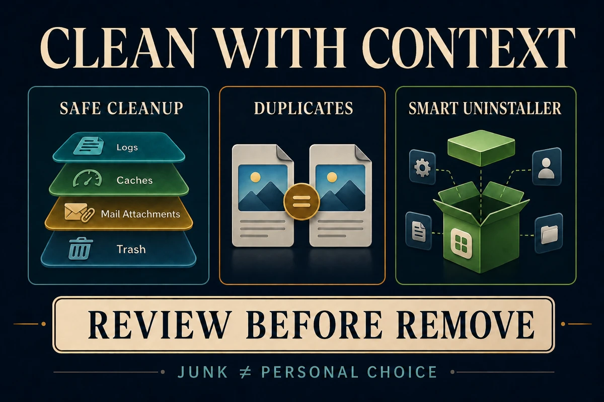 MacKeeper Safe Cleanup, Duplicates Finder and Smart Uninstaller separated with review-before-remove guidance