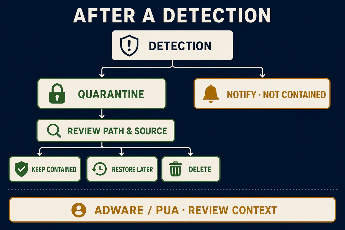 MacKeeper detection decision map comparing quarantine with Notify and separating adware or PUA context
