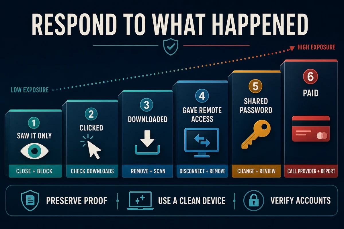 Tech support scam recovery ladder for seeing an alert clicking downloading remote access password exposure and payment