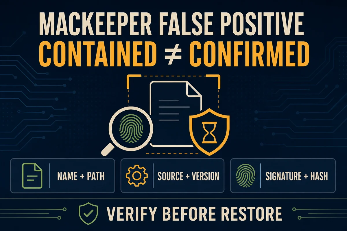 MacKeeper false-positive evidence checklist using file path, source, version, signature and hash before restore