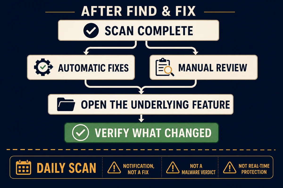 MacKeeper Find & Fix workflow merging automatic fixes and manual review before underlying feature verification, with Daily Scan separate