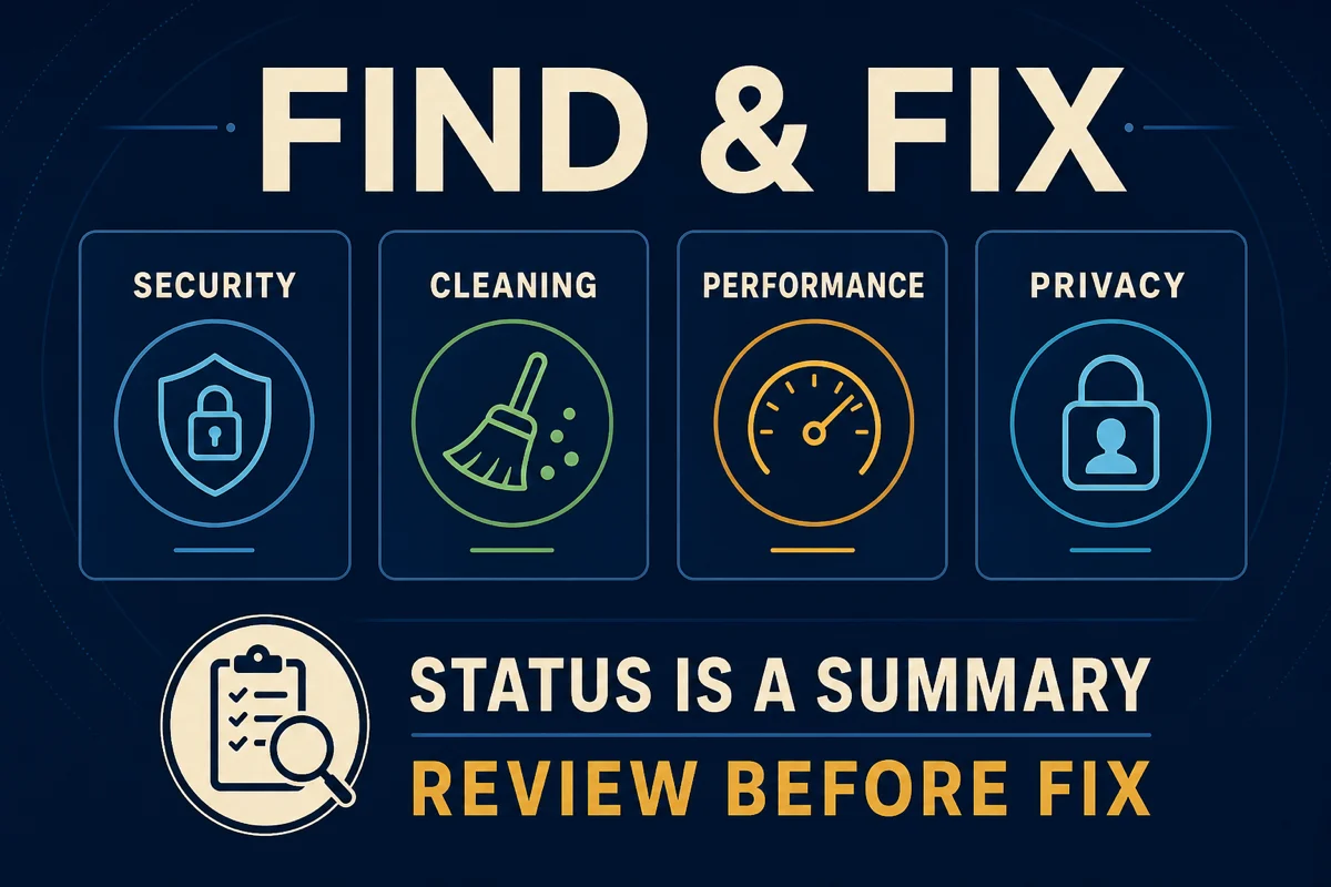 MacKeeper Find & Fix categories for Security, Cleaning, Performance and Privacy with status review guidance