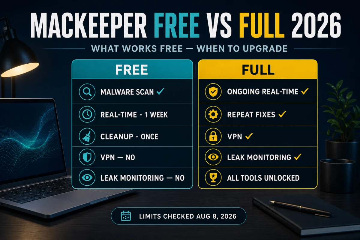 MacKeeper Free and Full feature limits for scans, real-time protection, cleanup, VPN and leak monitoring