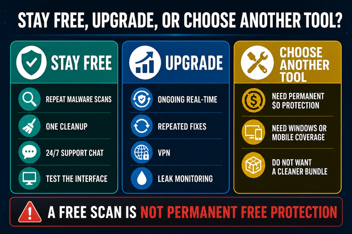 Decision guide for staying on MacKeeper Free, upgrading to Full or choosing another antivirus
