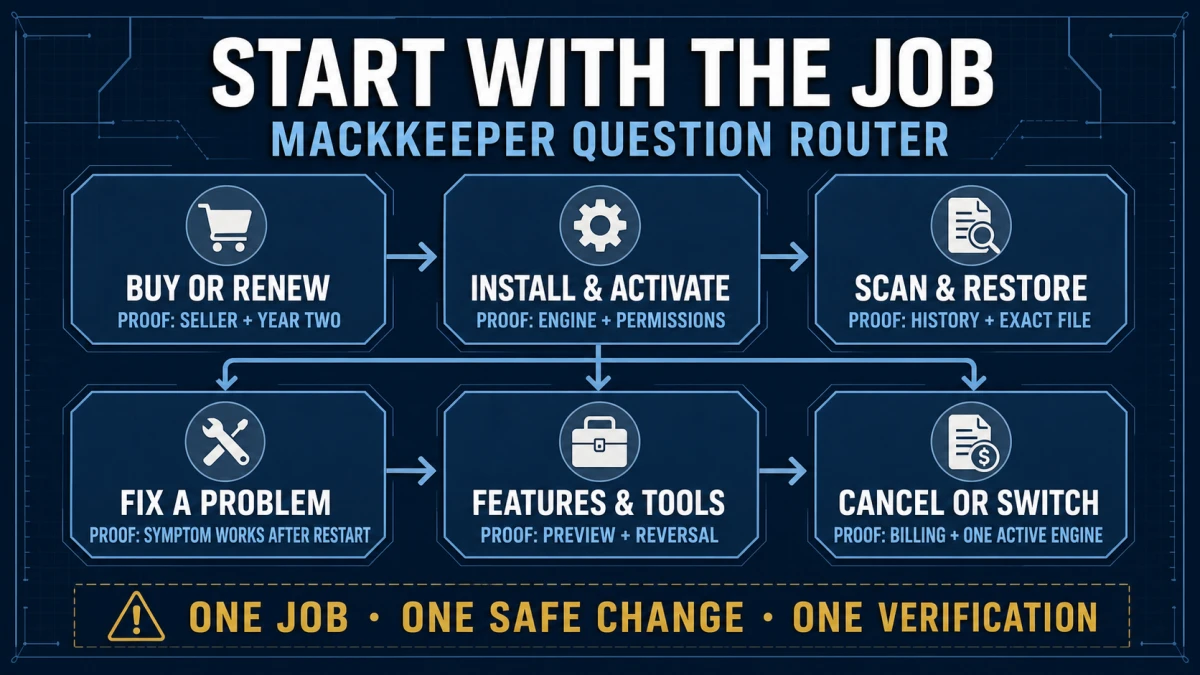 Six-route MacKeeper question map for renewal setup scanning troubleshooting tools and switching