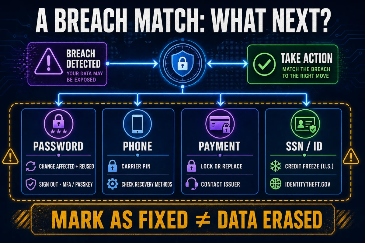 Data breach response map for exposed passwords, phone numbers, payment cards and Social Security or identity records