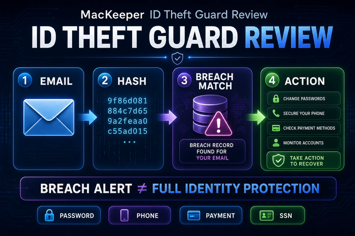 MacKeeper ID Theft Guard review mapping email hashing, breach matching and recovery actions for exposed data
