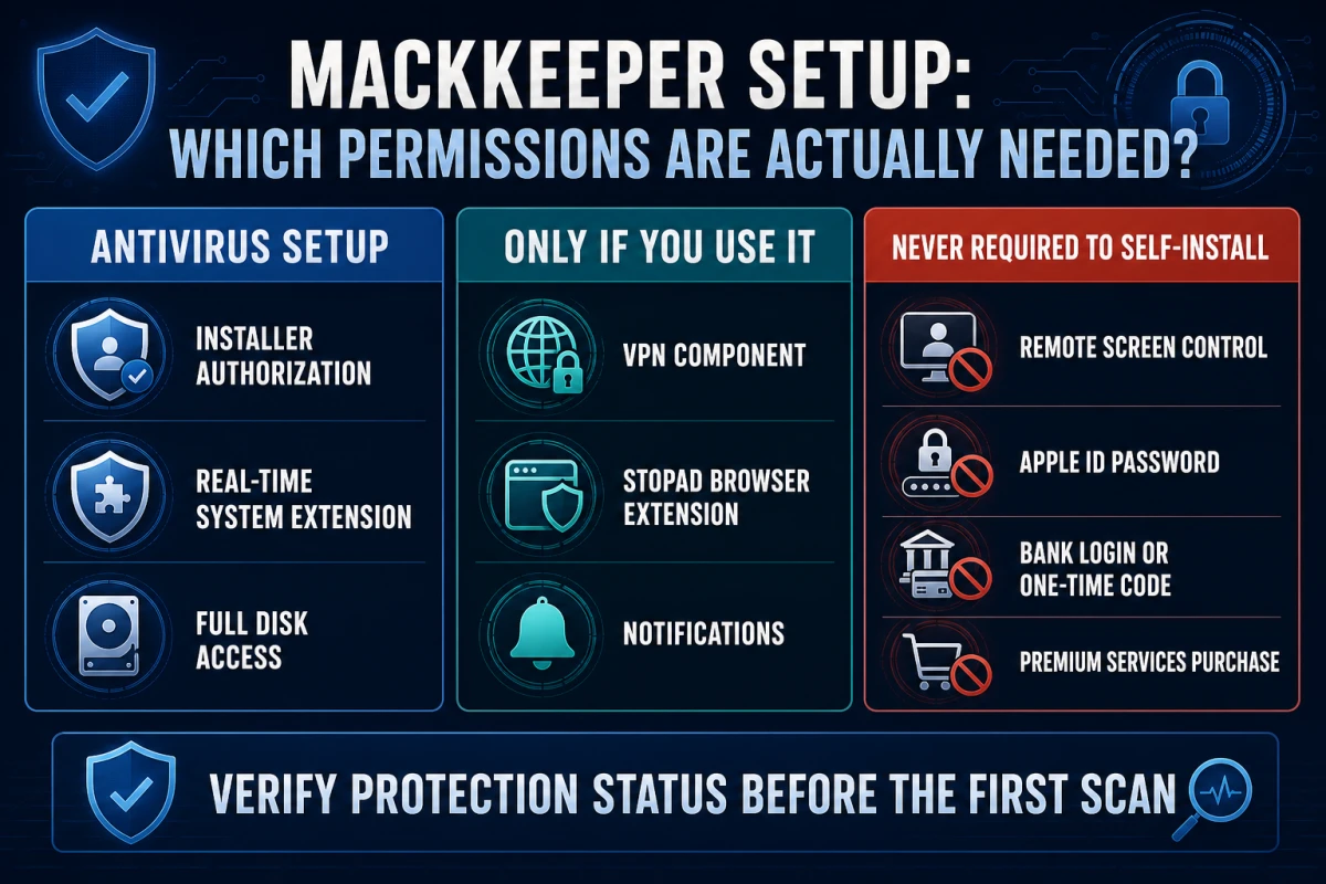 MacKeeper permission map separating antivirus requirements, optional modules and credentials never needed for self-installation