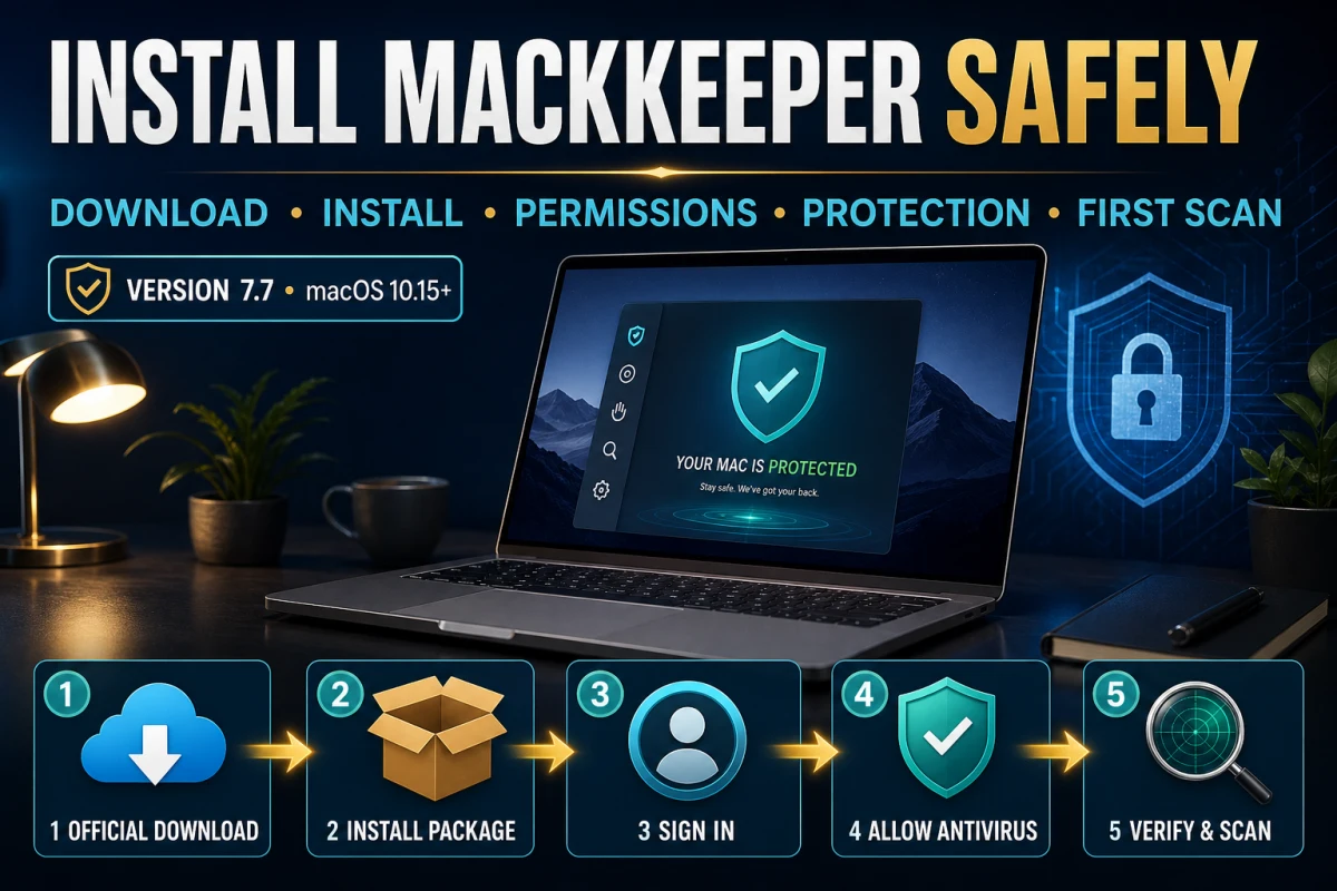 Five-step MacKeeper 7.7 setup from official download through protection verification and first scan