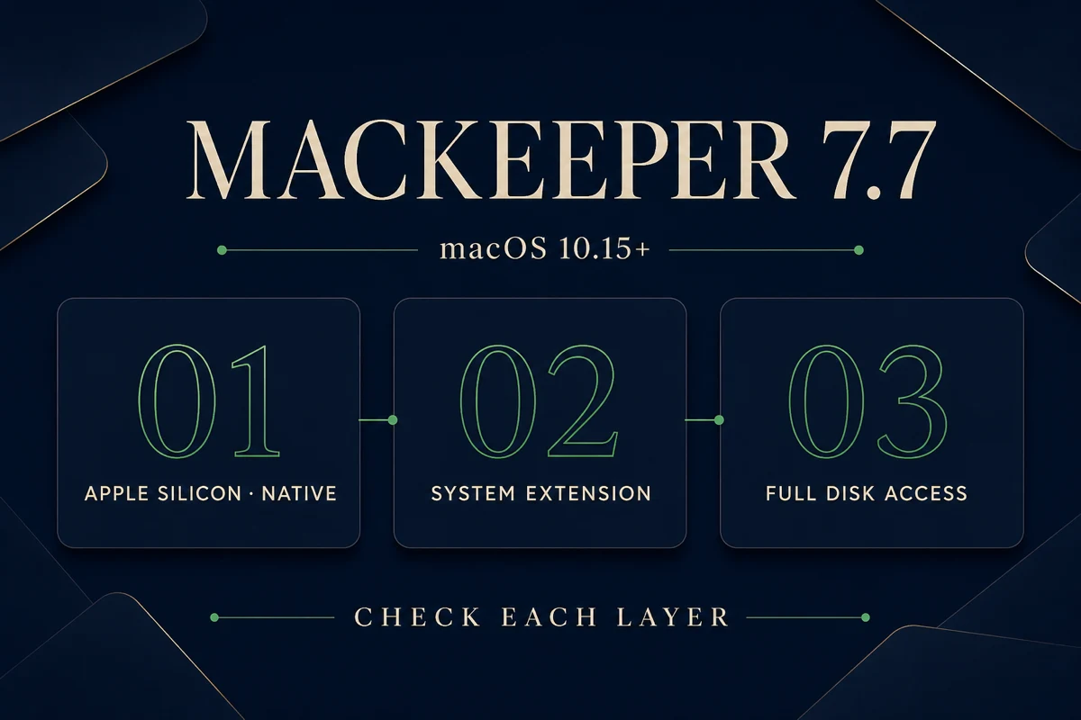 MacKeeper 7.7 compatibility checks for macOS 10.15 or later, Apple silicon, system extension and Full Disk Access