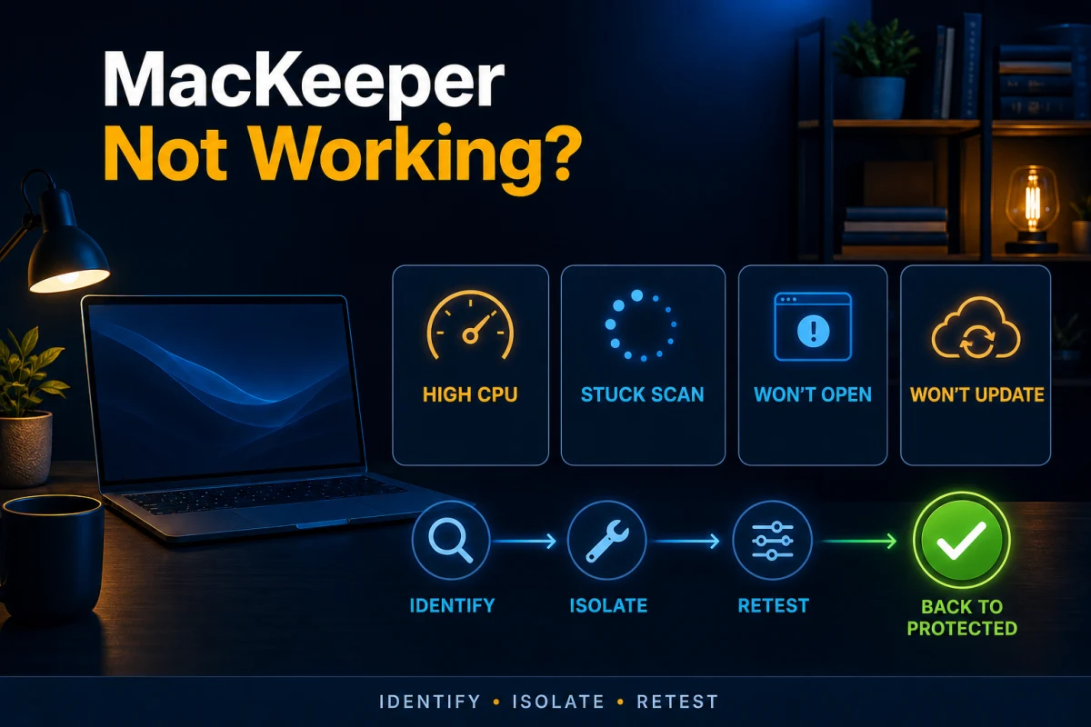 MacKeeper troubleshooting for high CPU, stuck scans, launch failures and update errors using an identify isolate and retest workflow