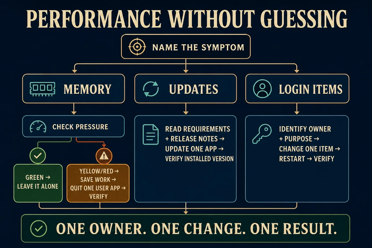 Mac performance workflow checking pressure, reviewing one app update or changing one Login Item before verification