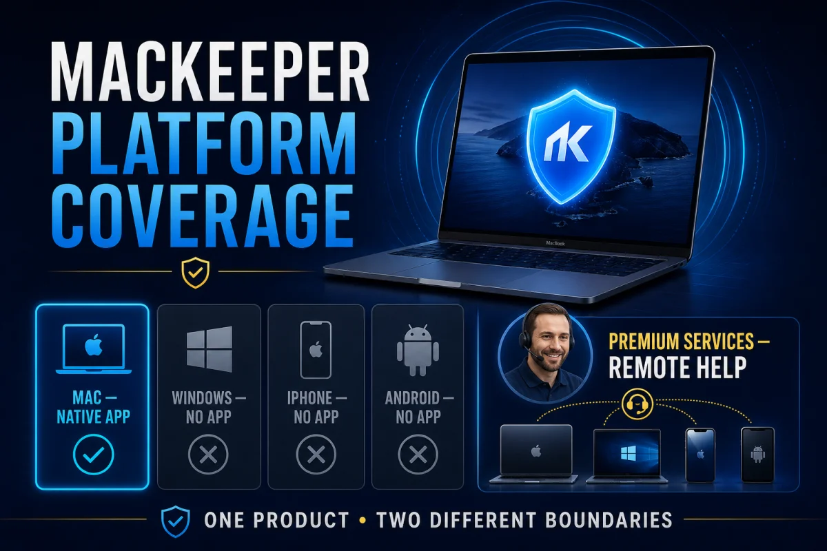 MacKeeper platform coverage with a native Mac app, no Windows iPhone or Android client, and separate Premium Services remote help
