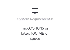 Official MacKeeper download requirement showing macOS 10.15 or later and 100 MB on August 9, 2026