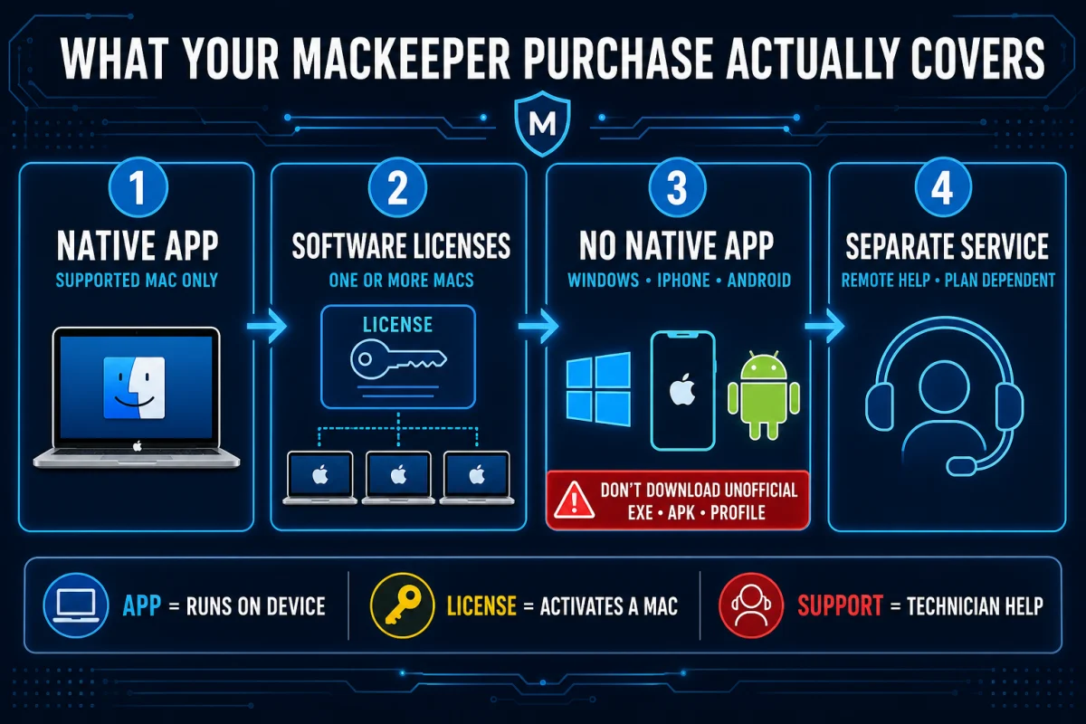 MacKeeper purchase map distinguishing the native Mac app, Mac licenses, unsupported Windows and mobile clients, and separate remote support