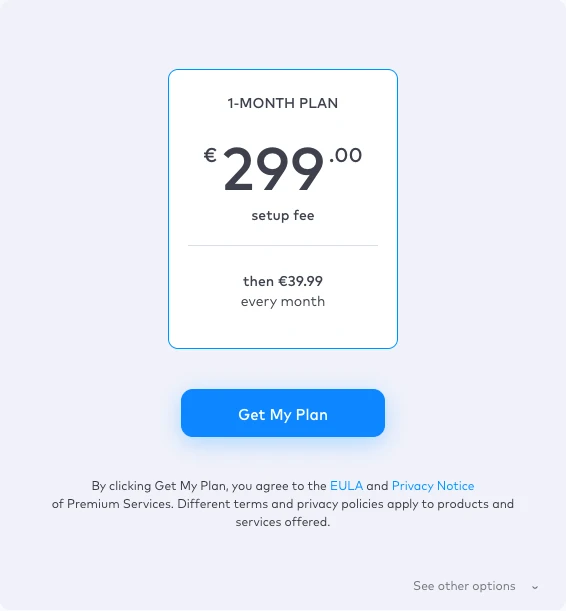 Official MacKeeper Premium Services checkout showing €299 setup fee followed by €39.99 each month on August 9, 2026