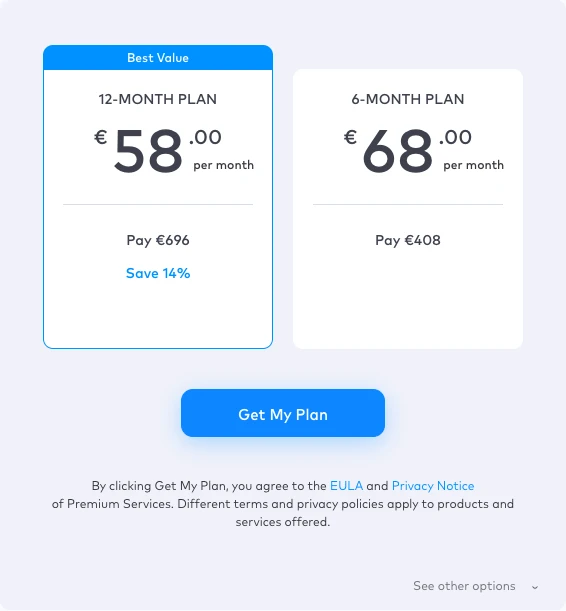 Official MacKeeper Premium Services checkout showing 12-month €696 and six-month €408 upfront plans on August 9, 2026
