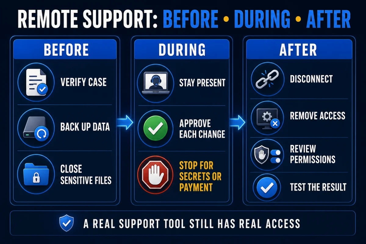 Remote technical support safety workflow covering case verification, backups, supervision, disconnection and permission review