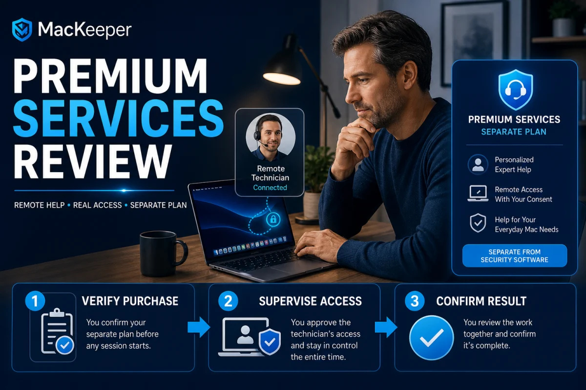 MacKeeper Premium Services review showing a verified purchase, supervised remote access and confirmed support result