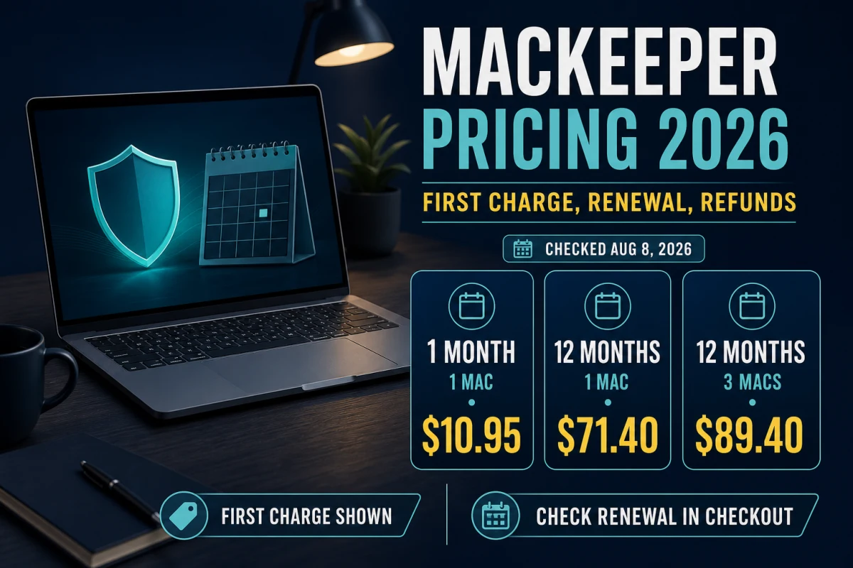 MacKeeper monthly and annual first-charge prices with a separate renewal checkout reminder