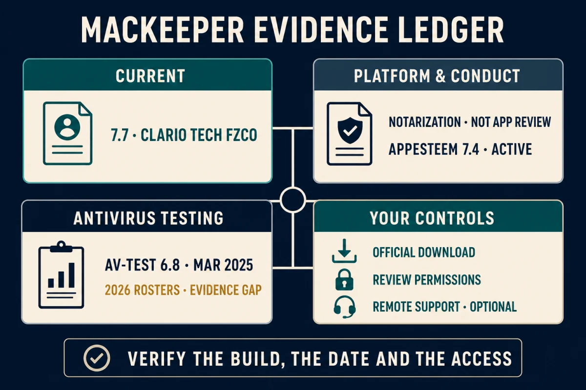 MacKeeper evidence ledger for current owner, notarization, AppEsteem, AV-TEST date and user-controlled access