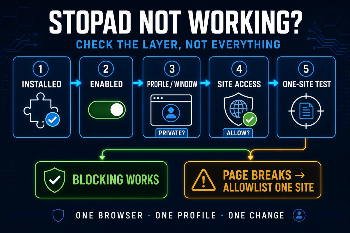 MacKeeper StopAd troubleshooting map checking extension, profile, private window, site access and one-site compatibility