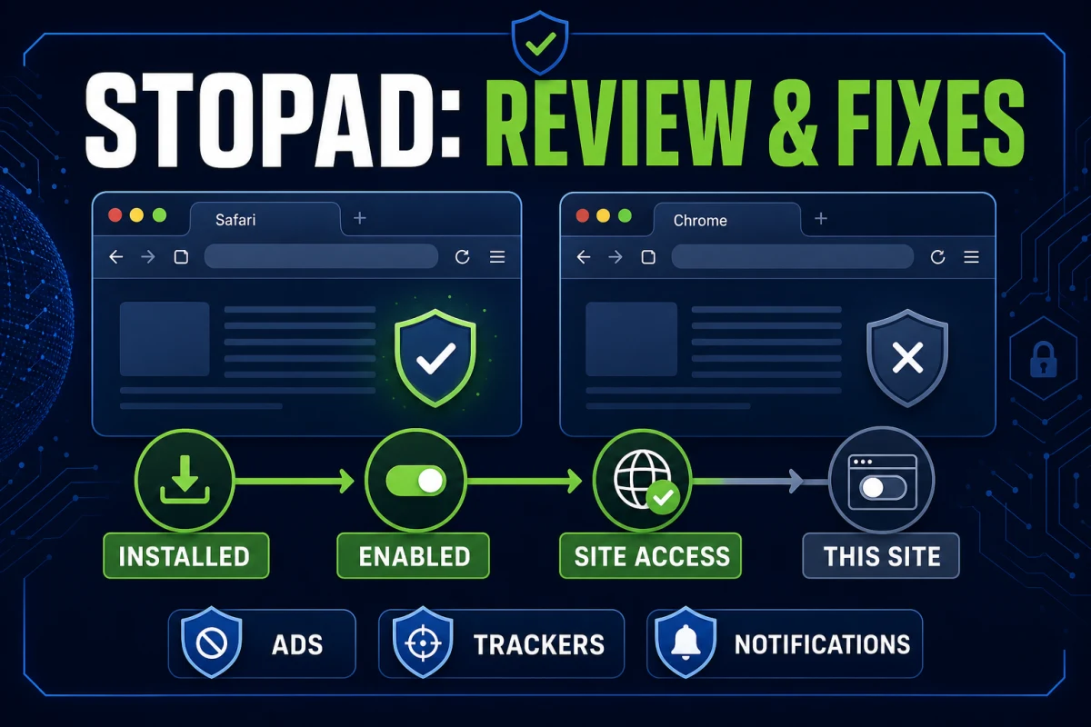 MacKeeper StopAd review showing installed, enabled, site access and current-site activation for Safari and Chrome