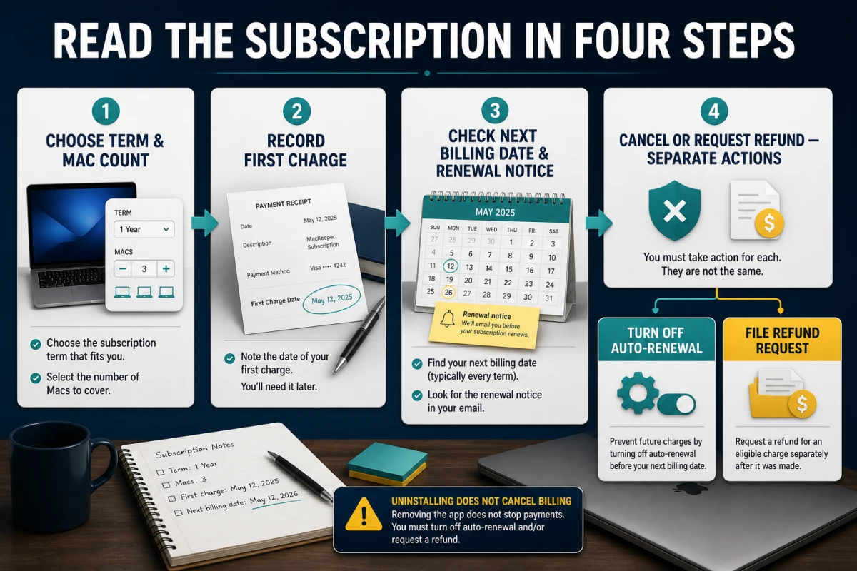 Four-step MacKeeper subscription workflow separating first charge, auto-renewal and refund request