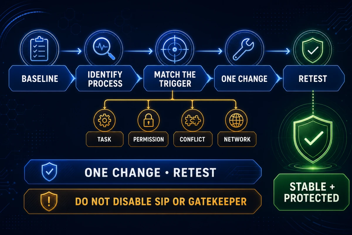 MacKeeper troubleshooting map from baseline and process identification through task permission conflict or network isolation to one change and retest