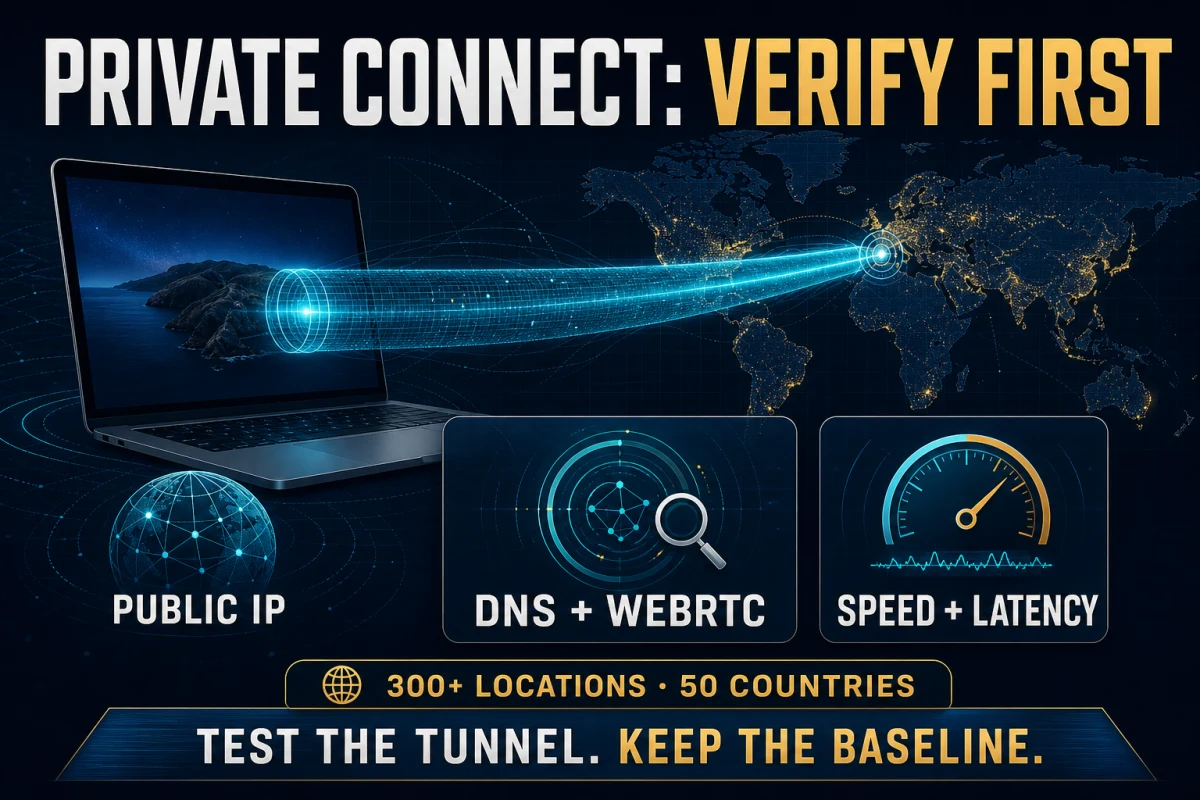 MacKeeper VPN review verifying public IP, DNS, WebRTC, speed and latency before trusting Private Connect