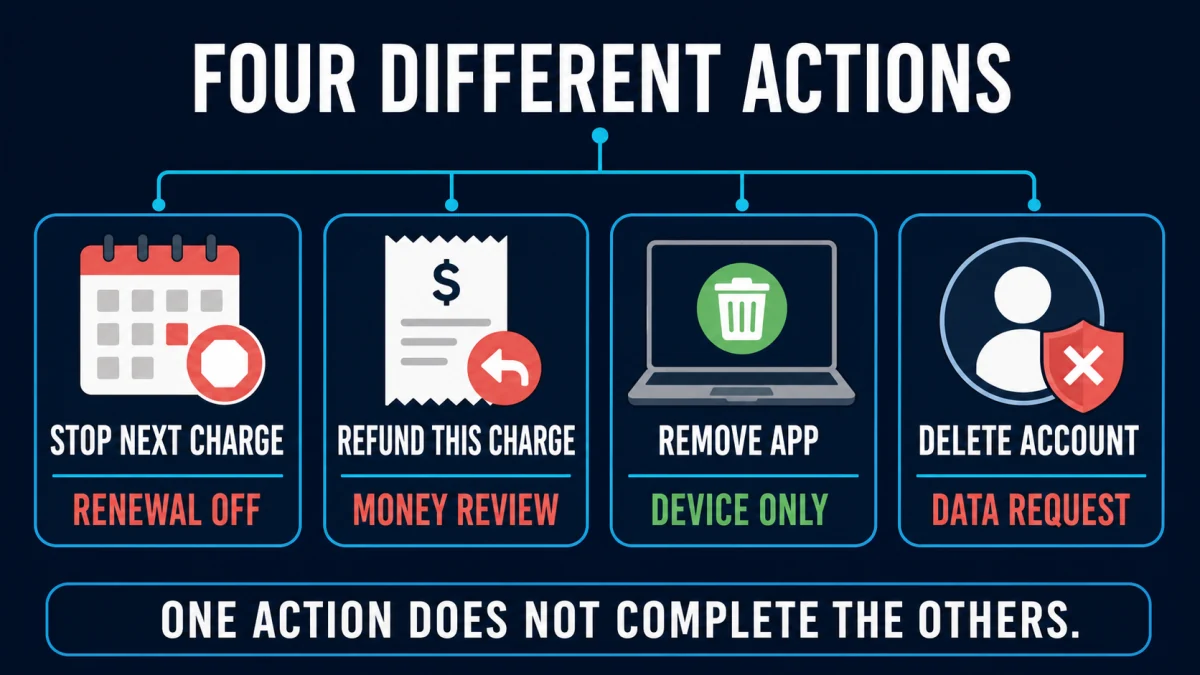 Four separate Panda Dome actions for stopping renewal requesting a refund removing the app and deleting an account