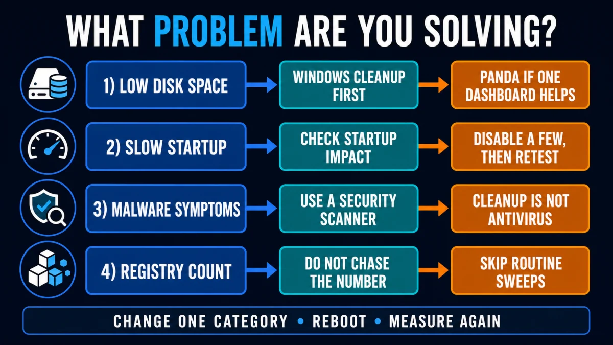 Decision map for low disk space, slow startup, malware symptoms and registry cleanup in Panda Cleanup