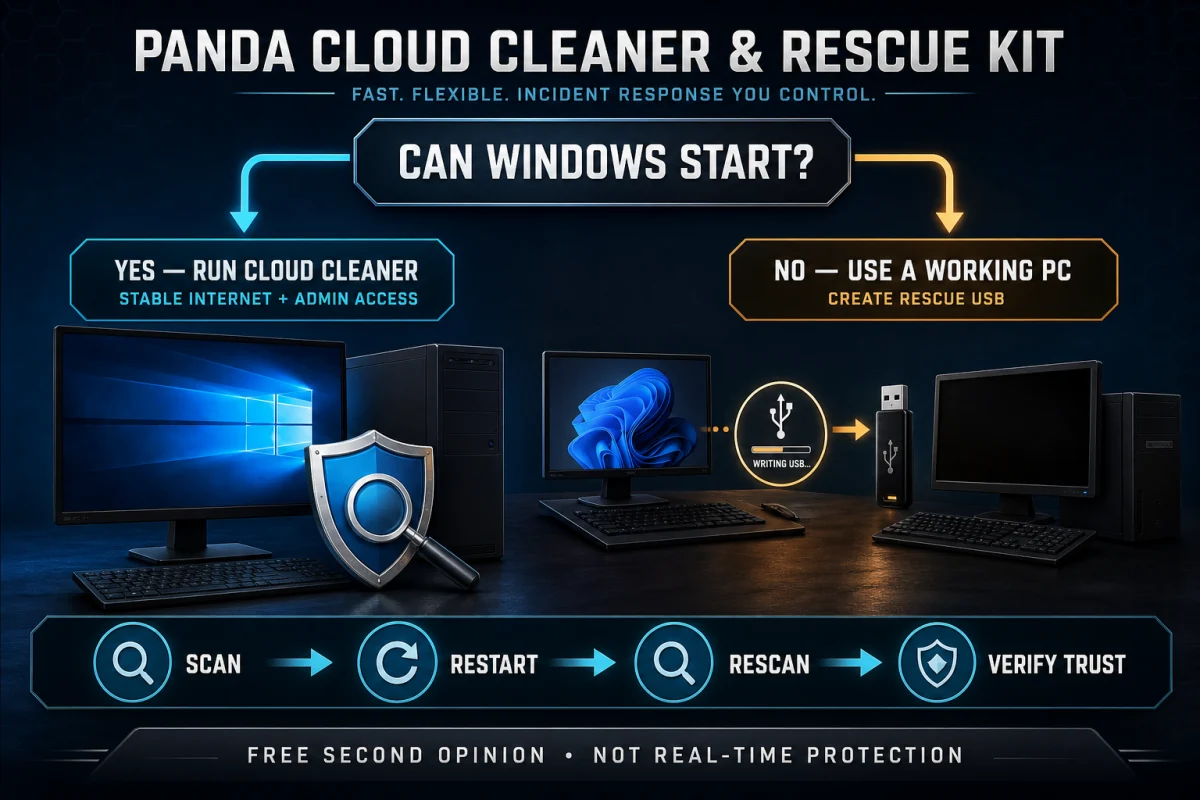 Panda Cloud Cleaner and Rescue Kit decision path for a Windows PC that starts or cannot boot