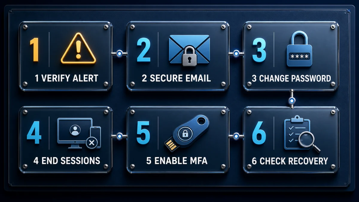 Dark web alert response sequence from verification through password change session closure MFA and recovery review