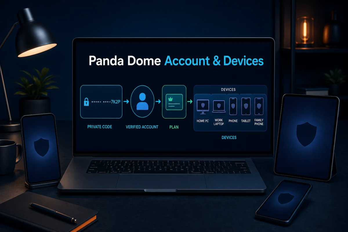 Panda Dome activation account and device license management workflow without exposing a product code
