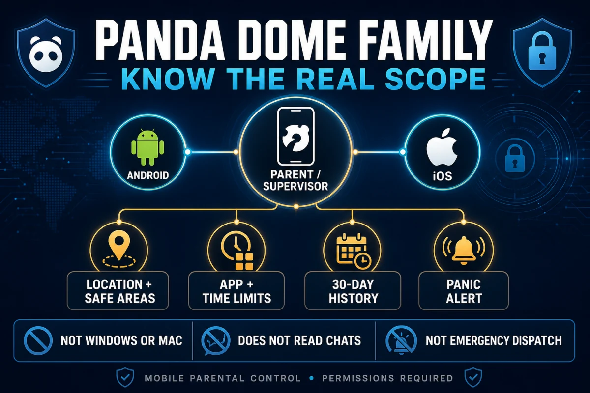 Panda Dome Family Android and iOS parental control scope with location app limits history and panic alert boundaries