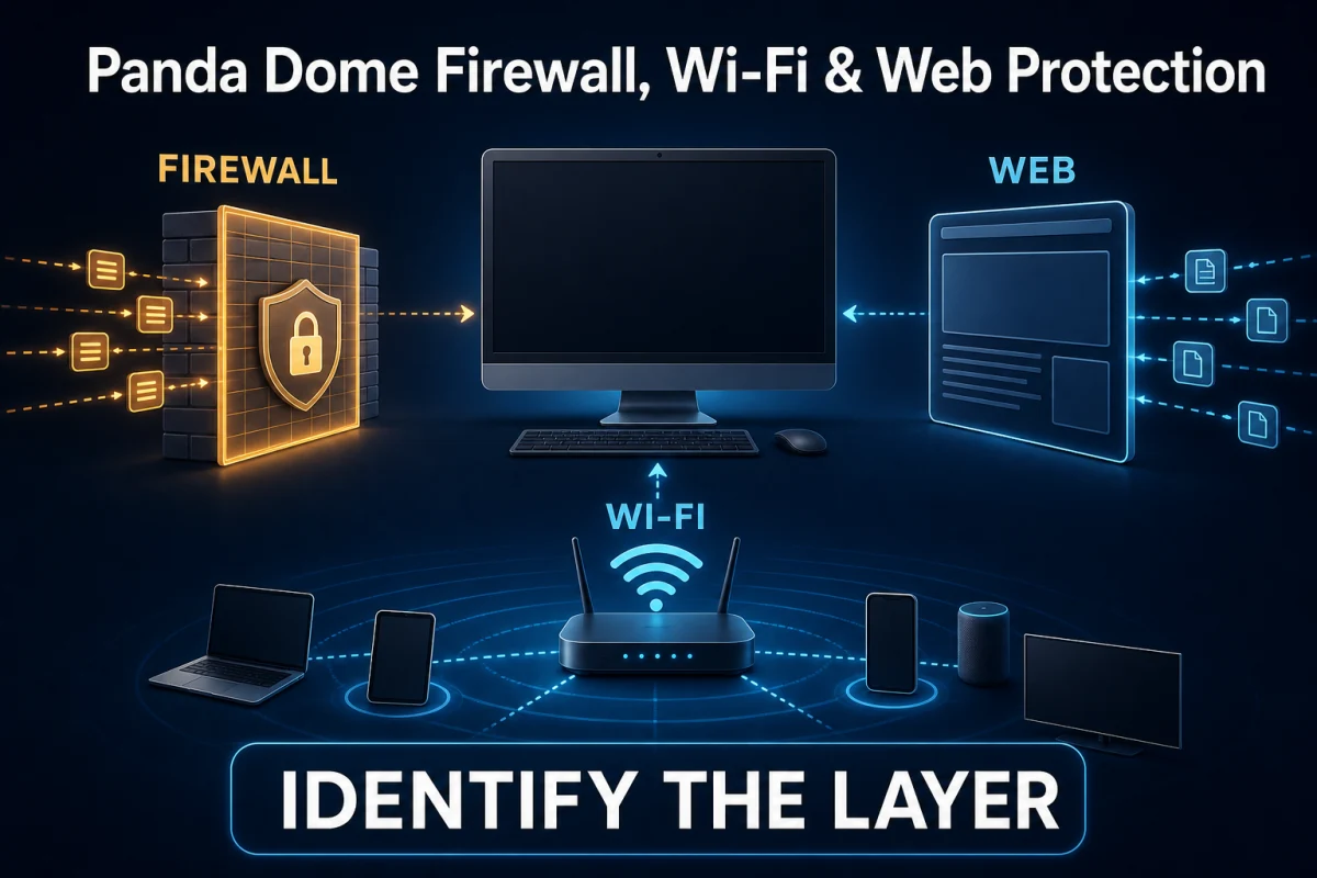 Panda Dome firewall Wi-Fi and web protection layers separating app network and website decisions