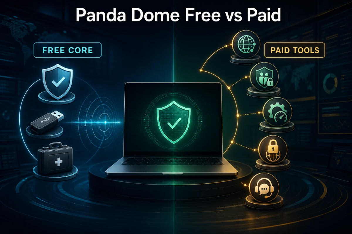 Panda Dome Free and paid plan decision showing core antivirus and optional security tool layers
